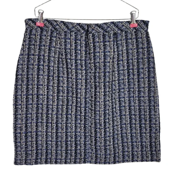 Ann Taylor Factory Tweed Skirt Suit 12 Black Tan Fringe Trim Pockets Open Front - Picture 8 of 11